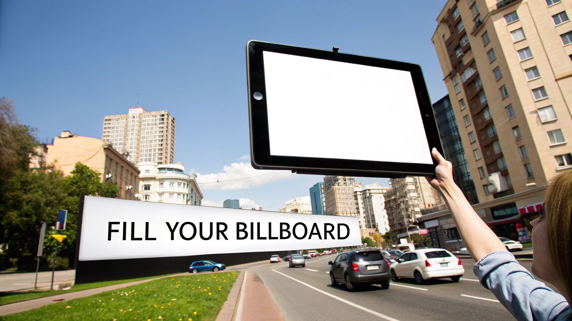 A row of digital billboards lighting up the night sky