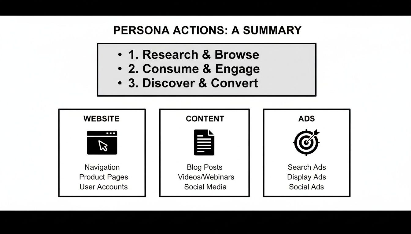 Summary of persona actions: Research, Consume, Discover, across website, content, and ads.