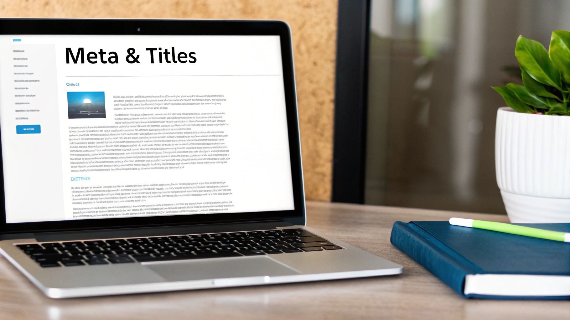 Laptop displaying a website about 'Meta & Titles' for SEO, on a desk with a notebook and plant.