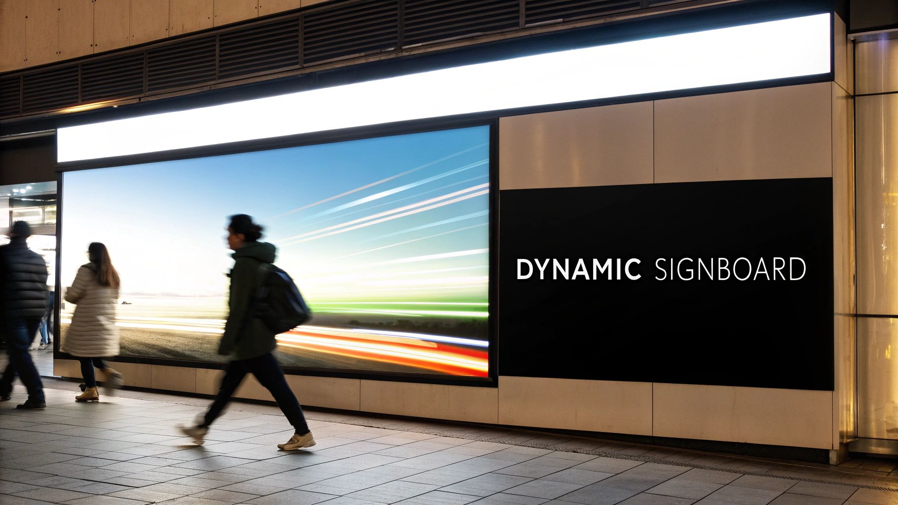 Your Complete Guide to Buying a Digital Sign Board 1 People walk past two large digital signboards, one with abstract light trails and another with 'DYNAMIC SIGNBOARD' text.