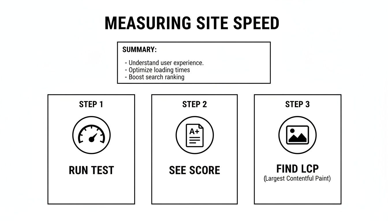 Visual guide outlining three steps to measure site speed: run test, see score, and find Largest Contentful Paint (LCP).