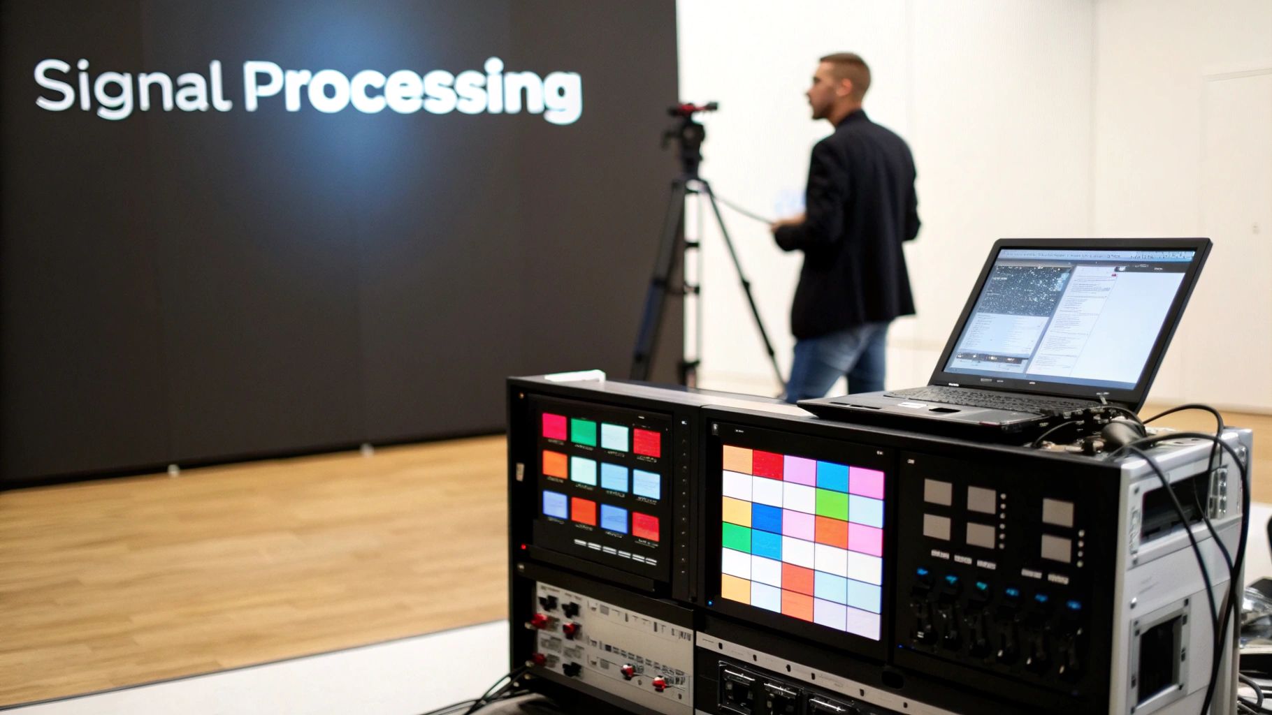 Technical equipment with colorful screens and a laptop, displaying 'Signal Processing' on a large background screen.