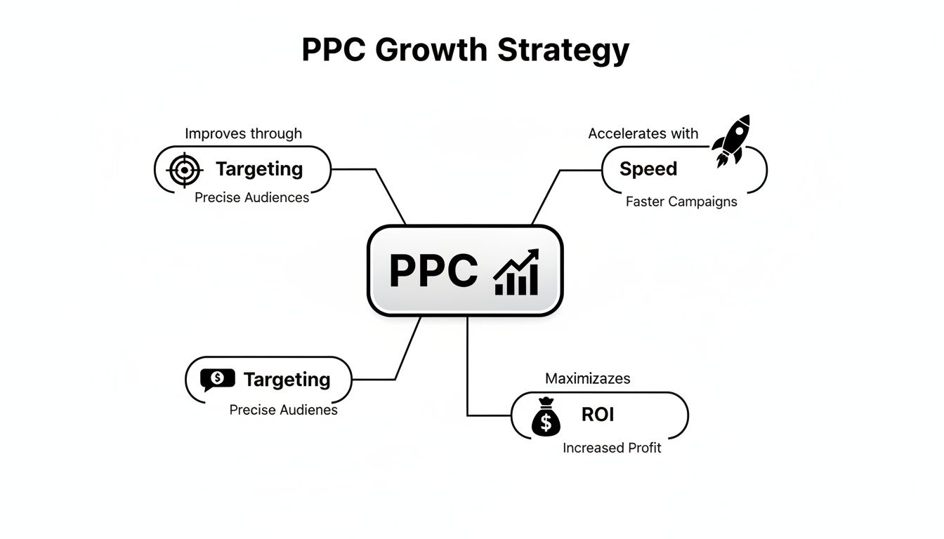 PPC growth strategy mind map detailing targeting, speed, and ROI for increased profit.