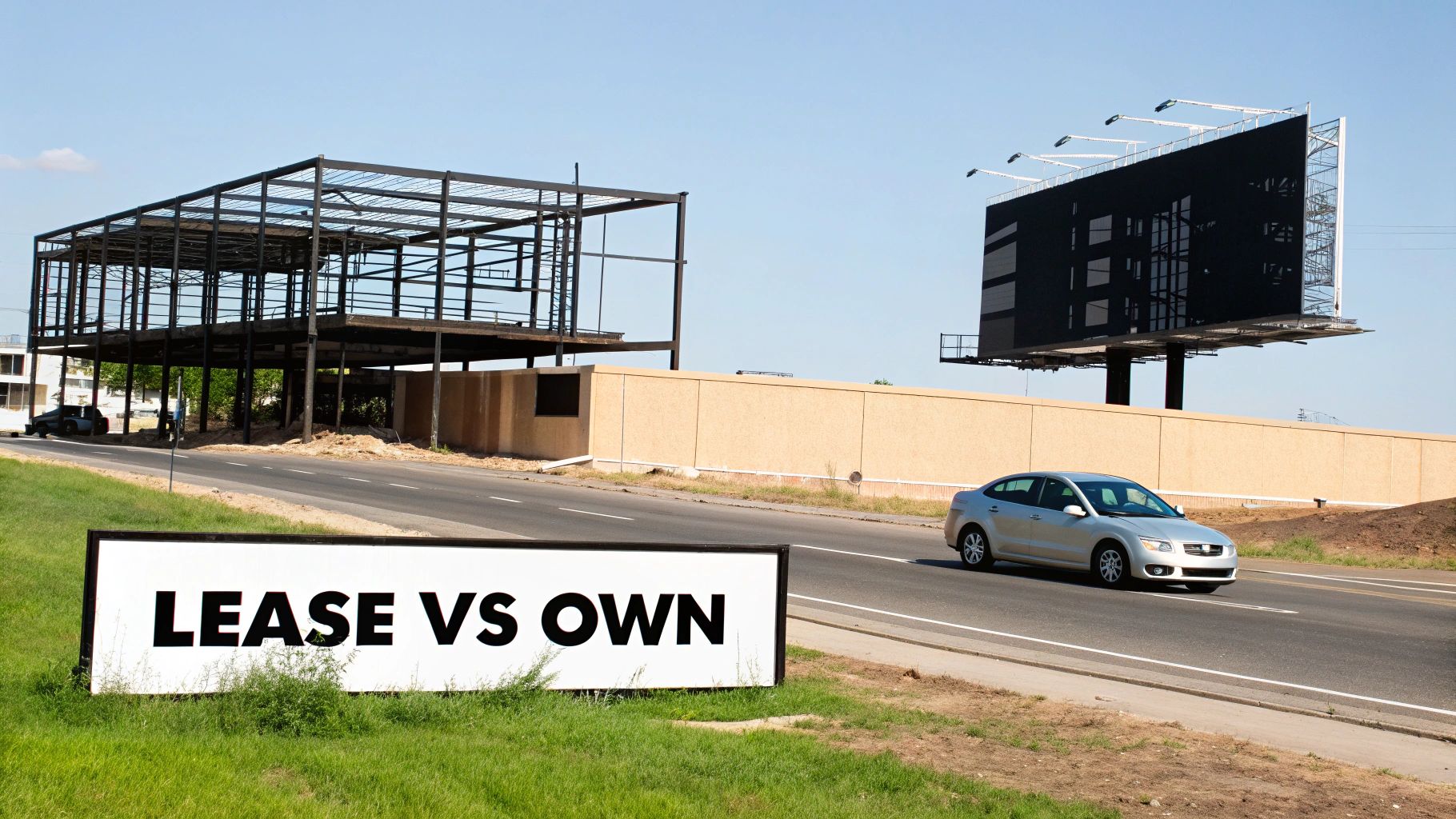 A 'LEASE VS OWN' sign on grass, with a building under construction and a blank billboard.