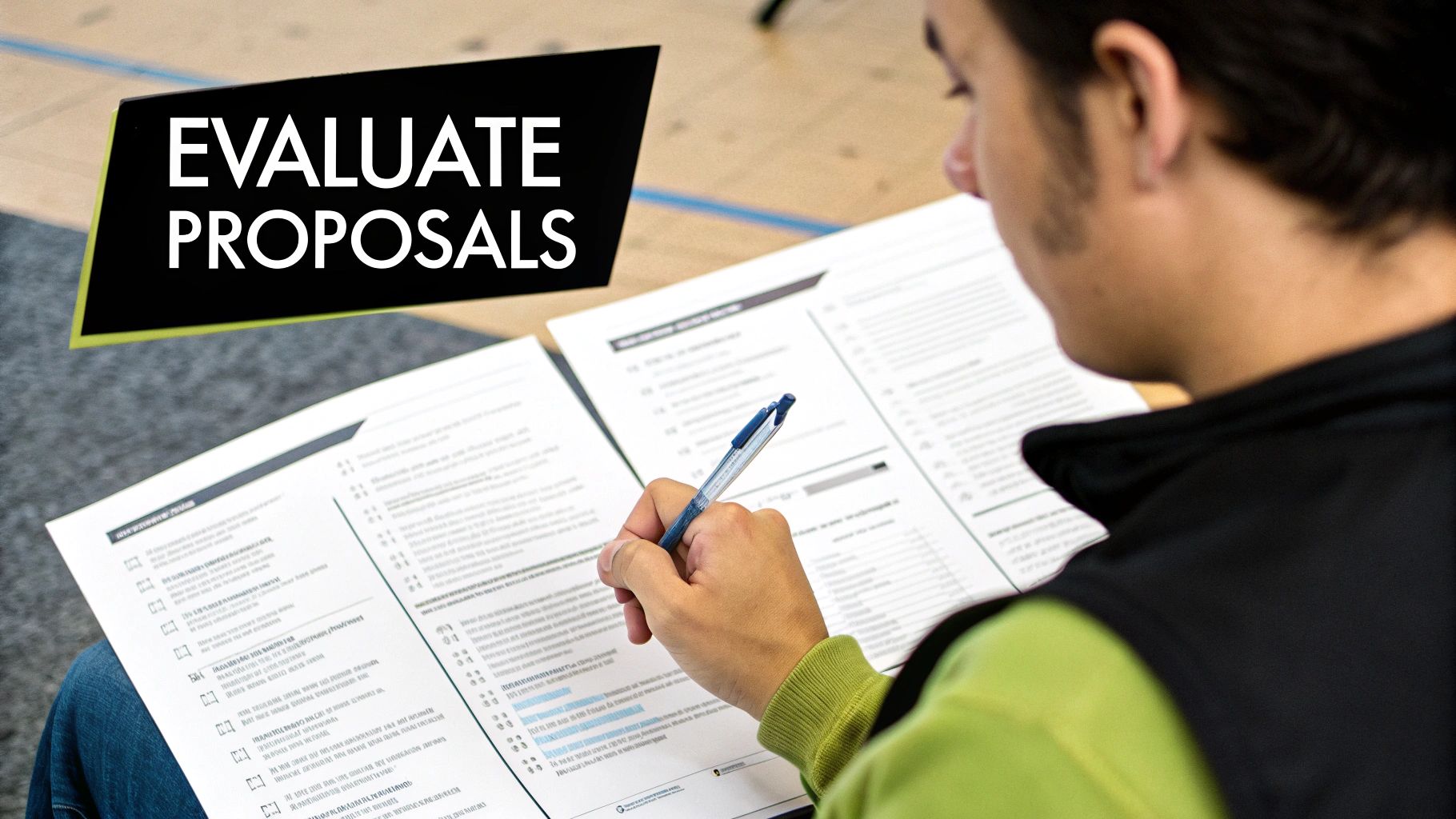 Person evaluating proposals, writing on documents with a pen, banner says 'EVALUATE PROPOSALS'.