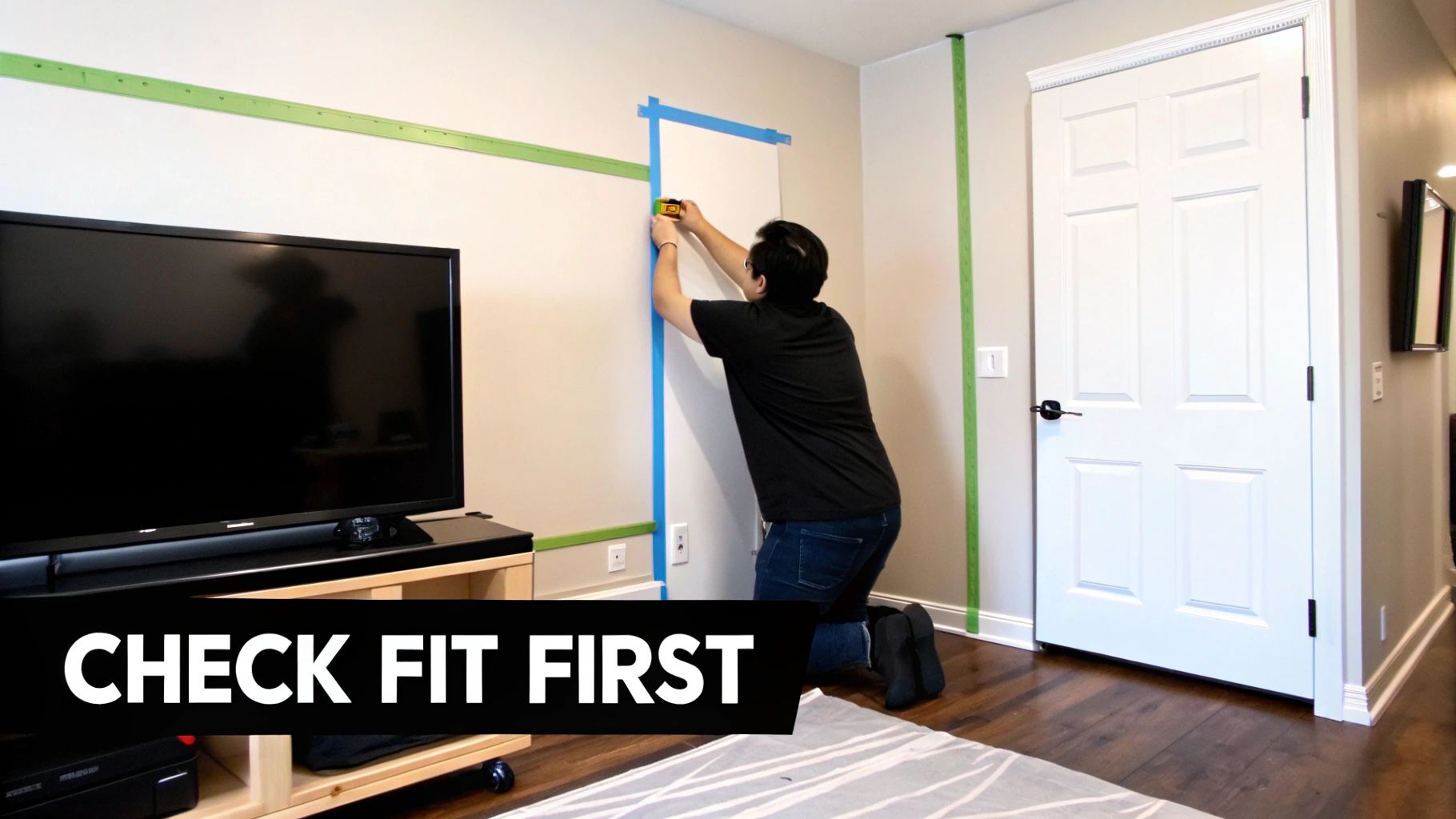 How to Measure a TV Screen the Right Way 3 A person uses a measuring tool on a wall section, marked with tape, next to a TV.