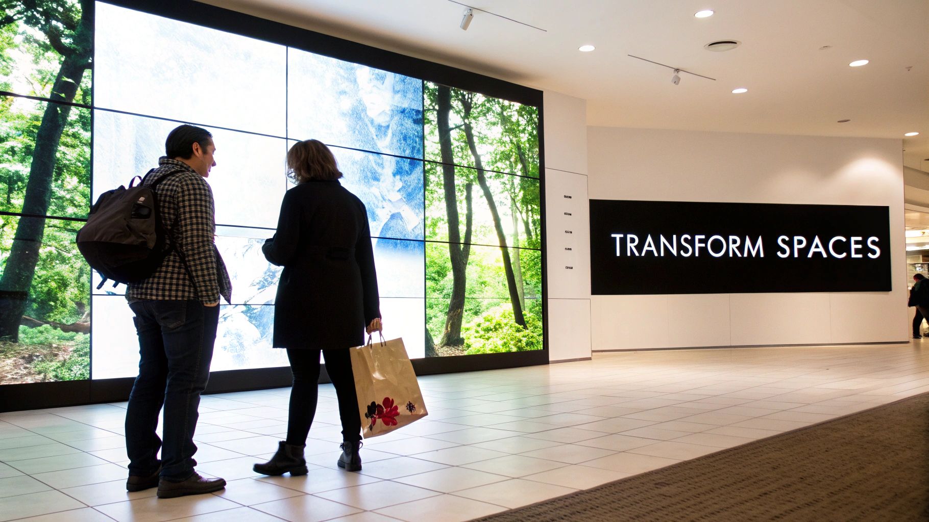 Led Light Wall Panels: led light wall panels Guide to Transform Your Space 2 Two people admire a large LED video wall displaying lush nature scenes and a 'TRANSFORM SPACES' sign.