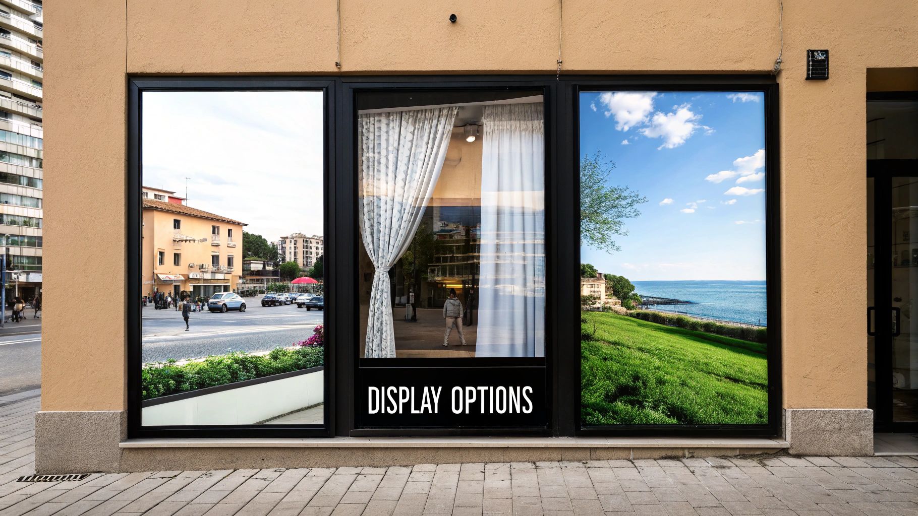 Three large display windows on a building facade, showcasing diverse scenes like a city street, an interior with curtains, and a coastal landscape.