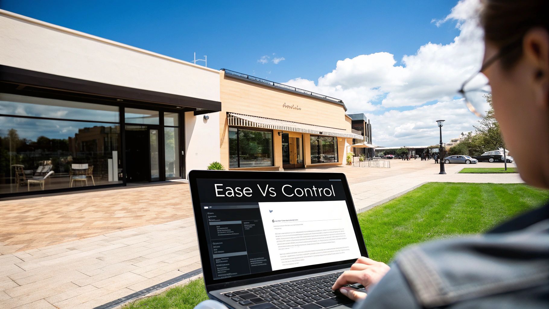 Person typing on a laptop outdoors with 'Ease Vs Control' on screen, modern buildings in background.