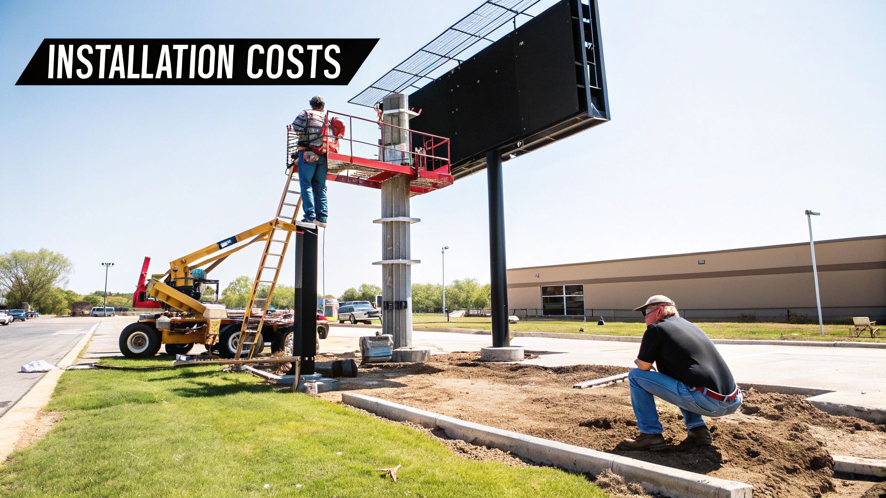 Workers on a crane and structure installing a large LED billboard under a clear sky.
