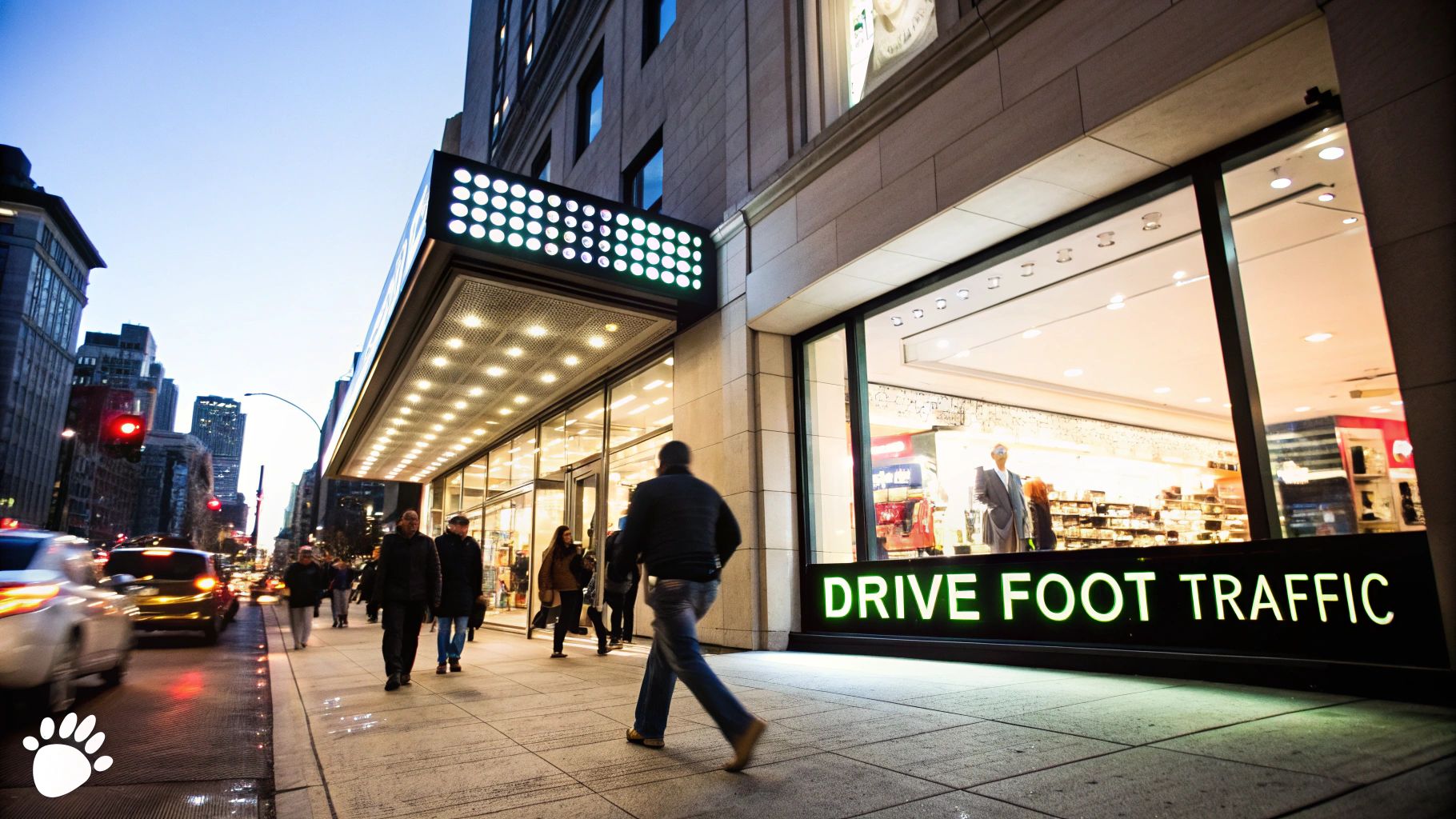 A bright, colorful LED sign for a business at night, displaying dynamic advertisements.