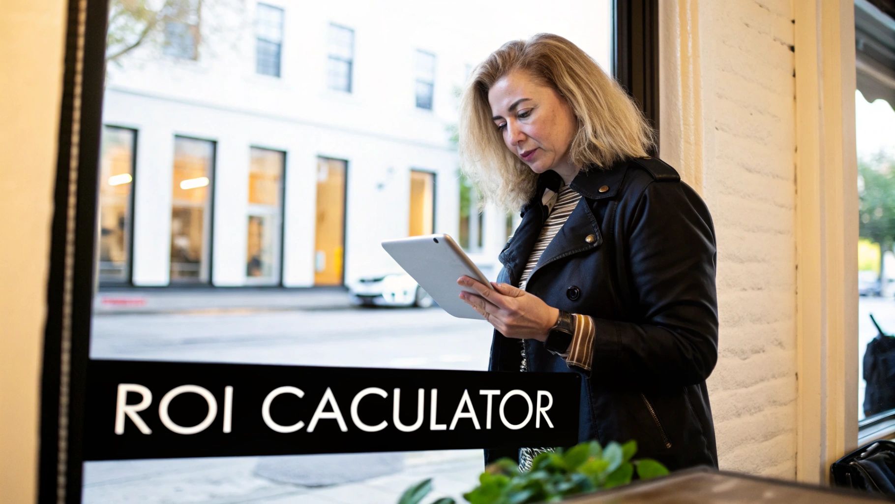 Your Complete Guide to Buying a Digital Sign Board 3 A woman looking at a tablet inside, with a 'ROI CALCULATOR' digital sign in front and a city street outside.