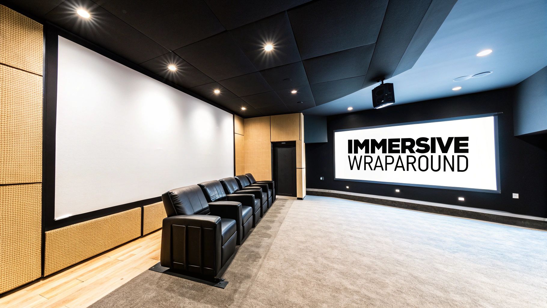 Modern basement home theater featuring two large screens, comfy recliners, and stylish acoustic walls.