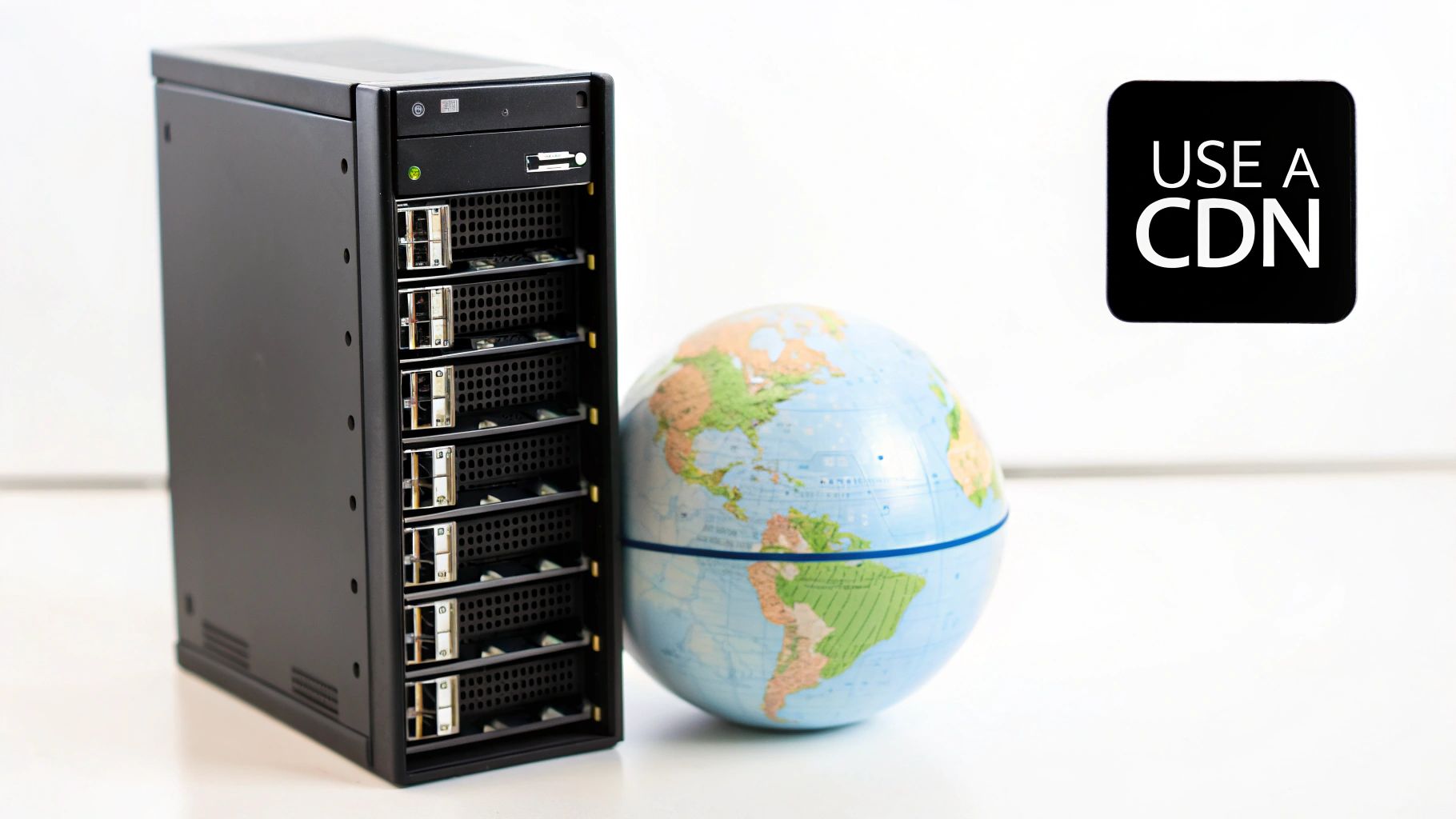 Server rack and globe, symbolizing global content delivery and fast page load speeds with a CDN.