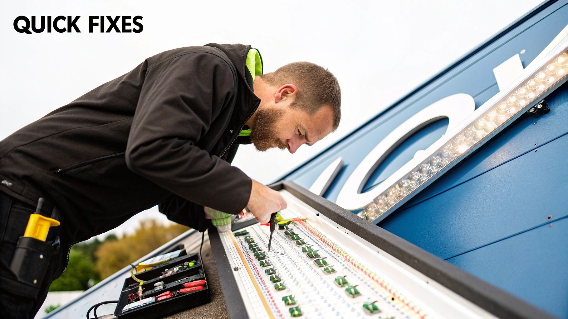 A man with a beard works on repairing or installing an outdoor LED sign, using various tools.