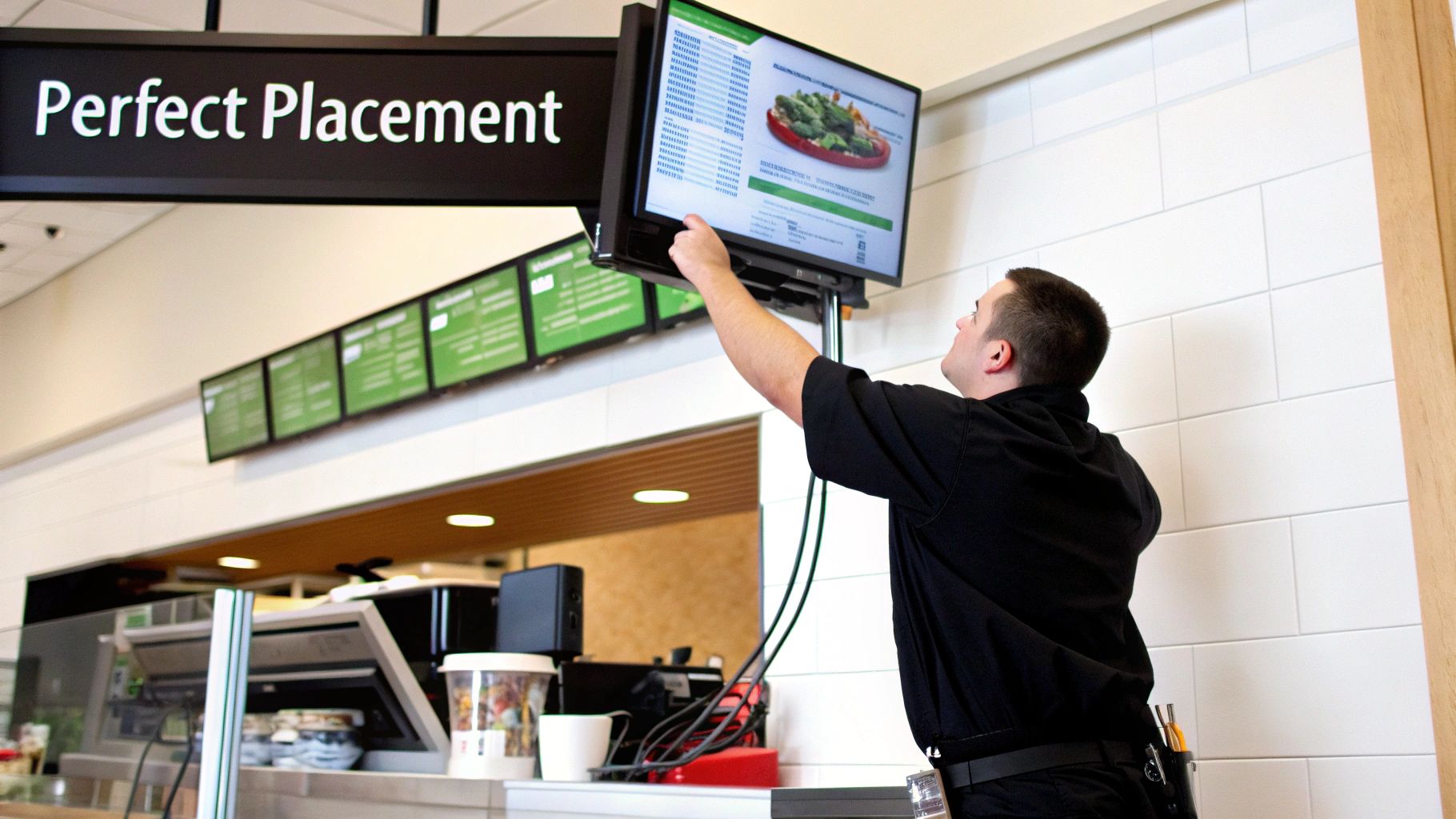 Digital Signs for Restaurants: A Practical Guide for Owners 3 A man in a black shirt adjusts a large digital menu board in a quick-service restaurant.