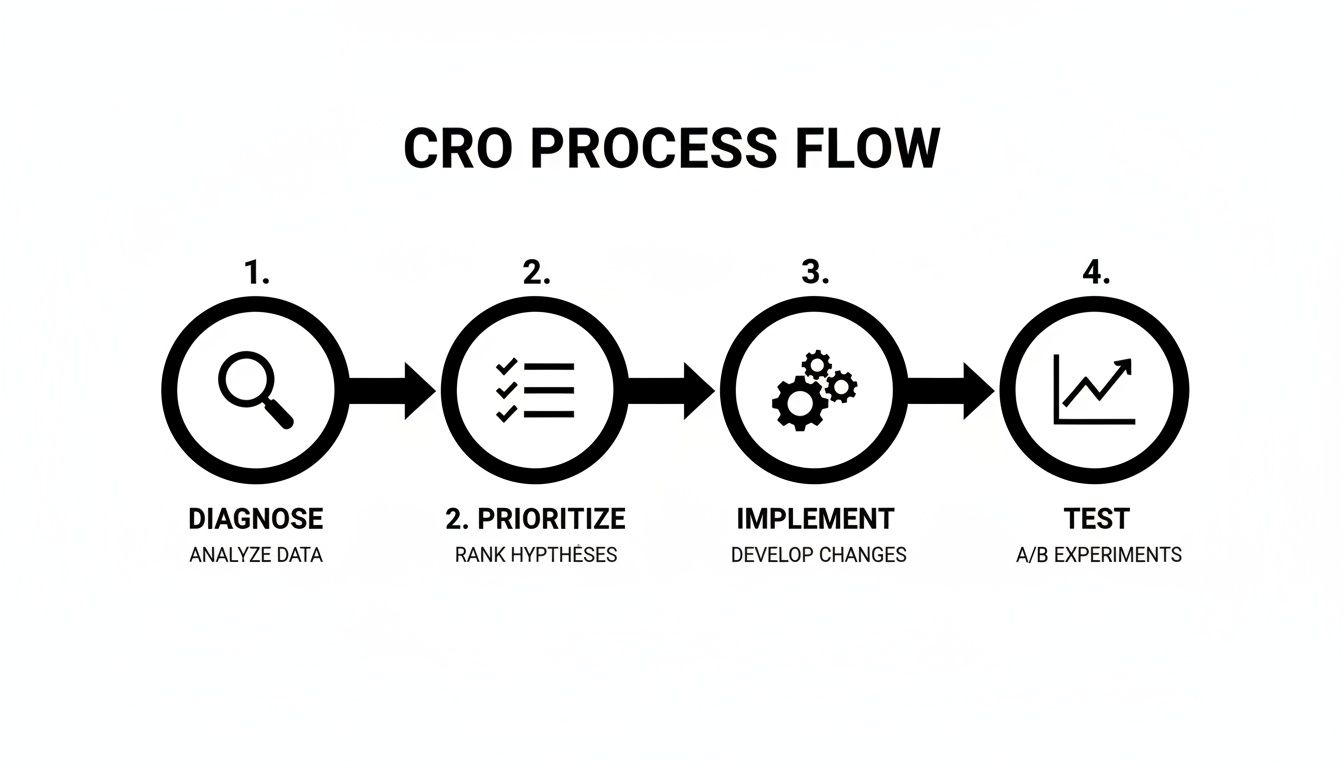 A diagram illustrating the CRO Process Flow with four steps: Diagnose, Prioritize, Implement, and Test.