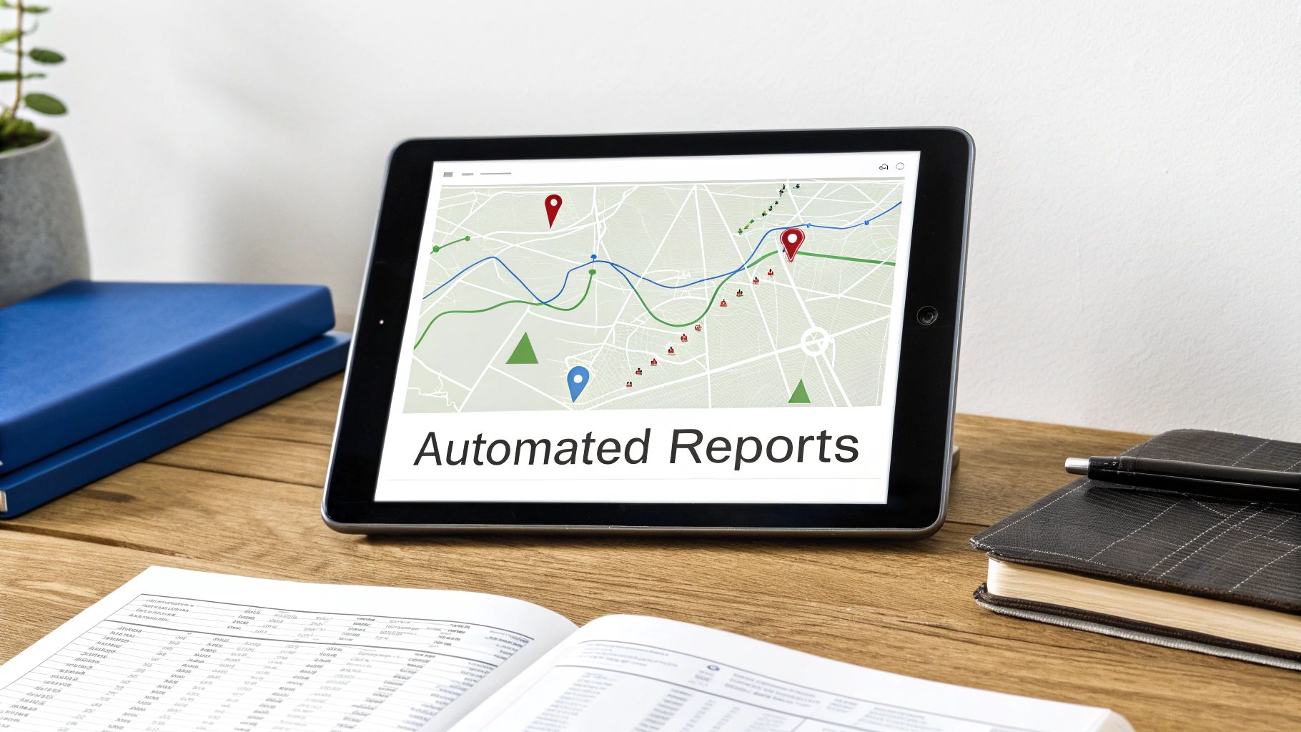 A tablet on a wooden desk displays a map with location tracking and 'Automated Reports' text.