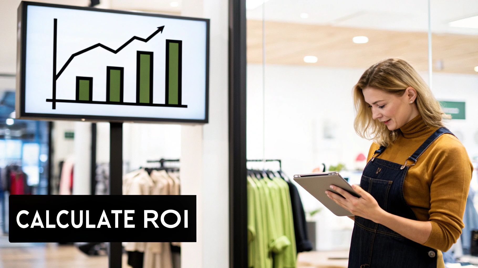 Woman in a store calculating ROI on a tablet, with a digital sign showing a growth chart.