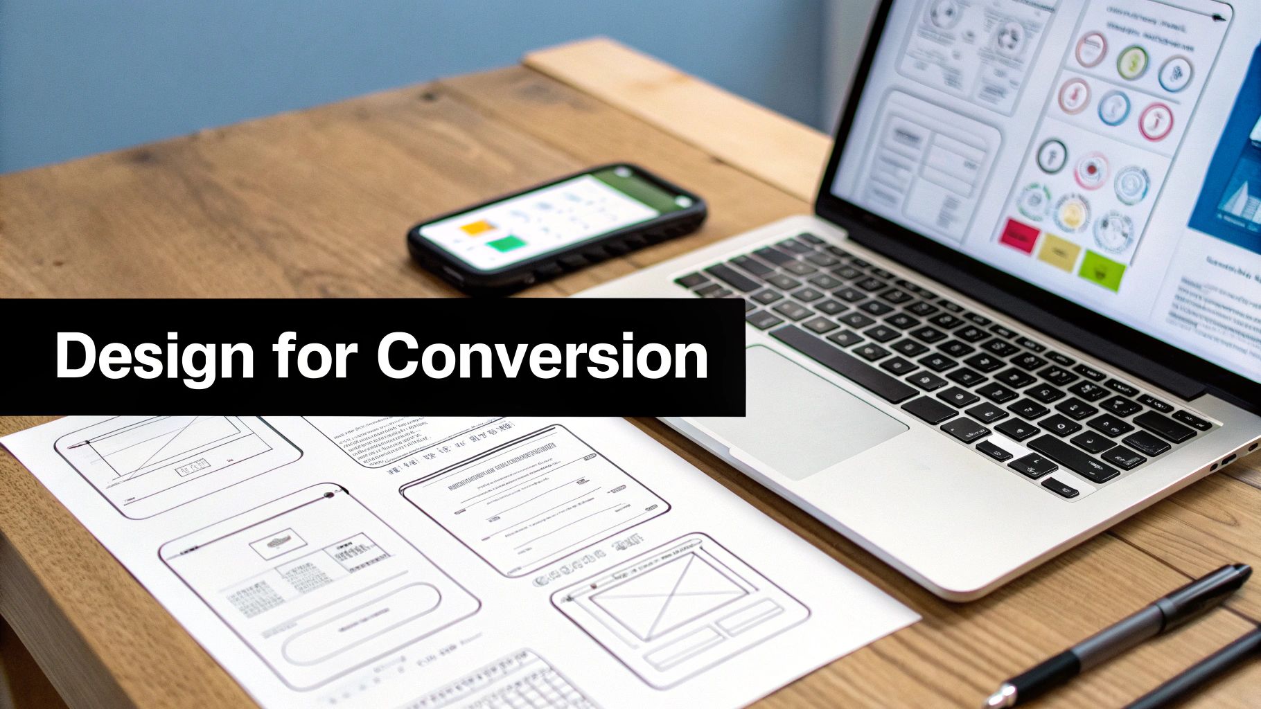 A desktop workspace featuring a laptop displaying UI/UX design, a phone, and paper wireframes for conversion.