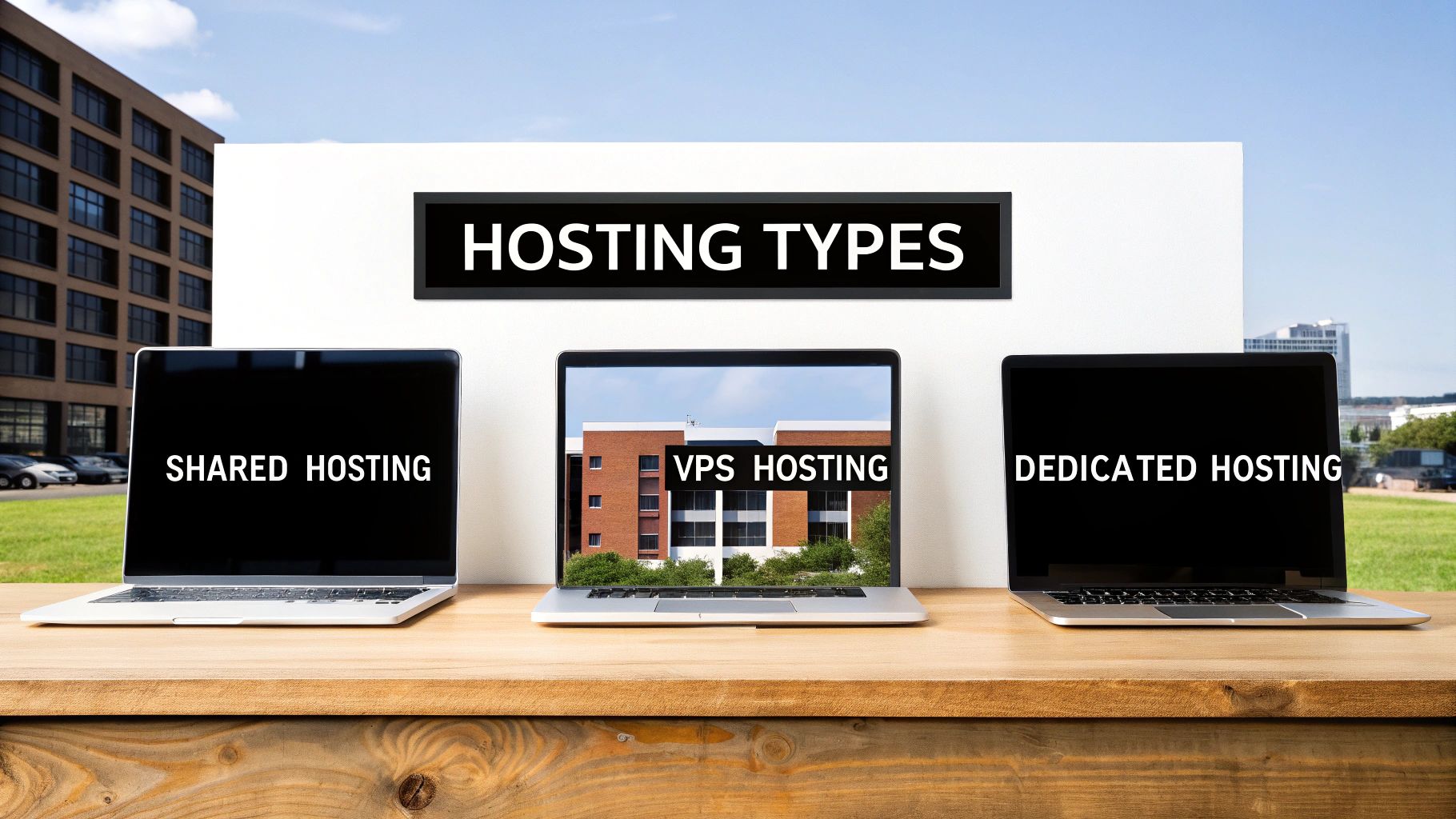 Three laptops on a wooden desk display shared, VPS, and dedicated hosting types with a city background.