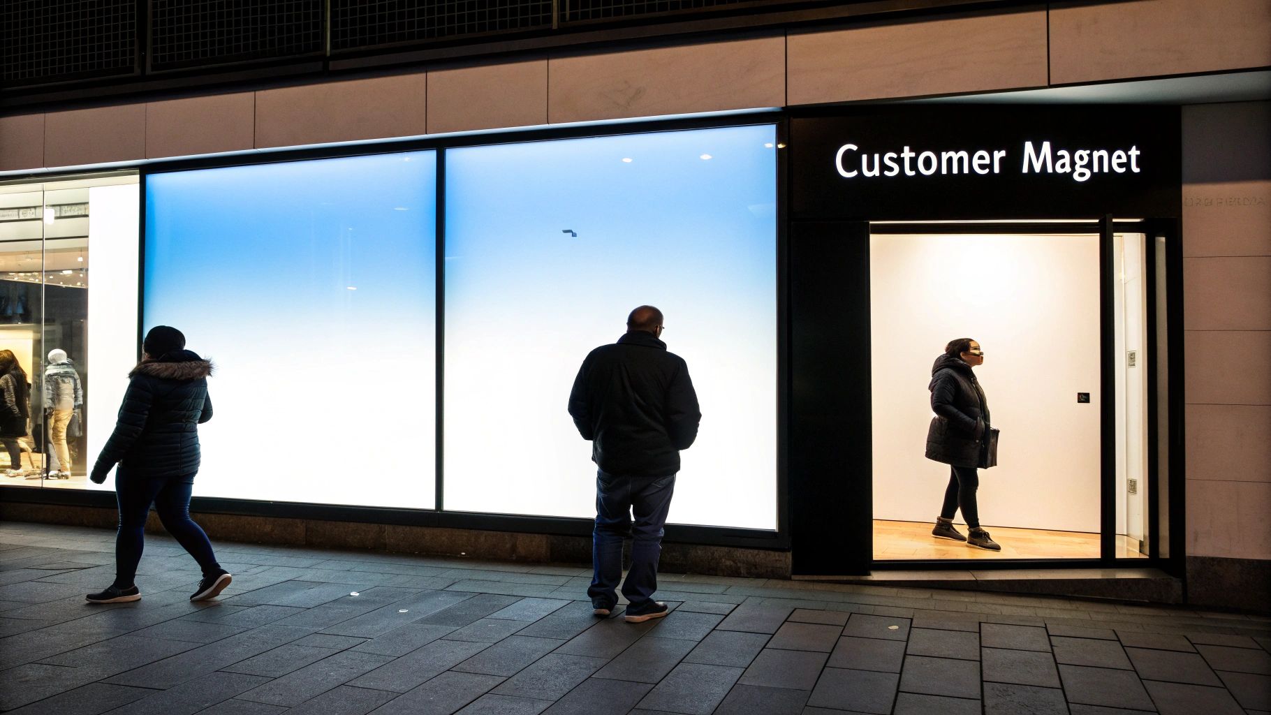 Three people near a "Customer Magnet" store with a large blue and white LED window display.