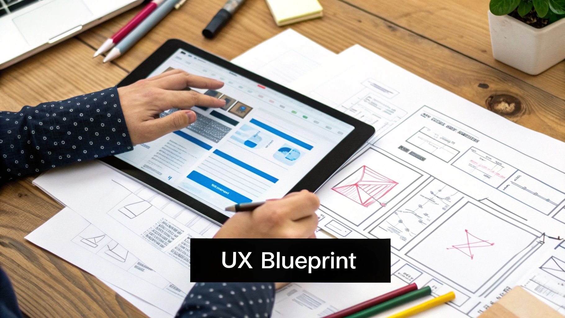 Person designing a website on a tablet with wireframe sketches and blueprints on a wooden desk.