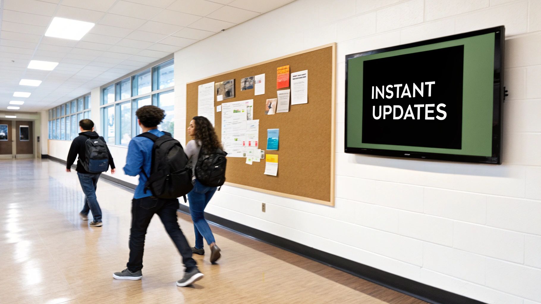Students walk past a digital screen showing 'INSTANT UPDATES' and a cork board in a school hallway.
