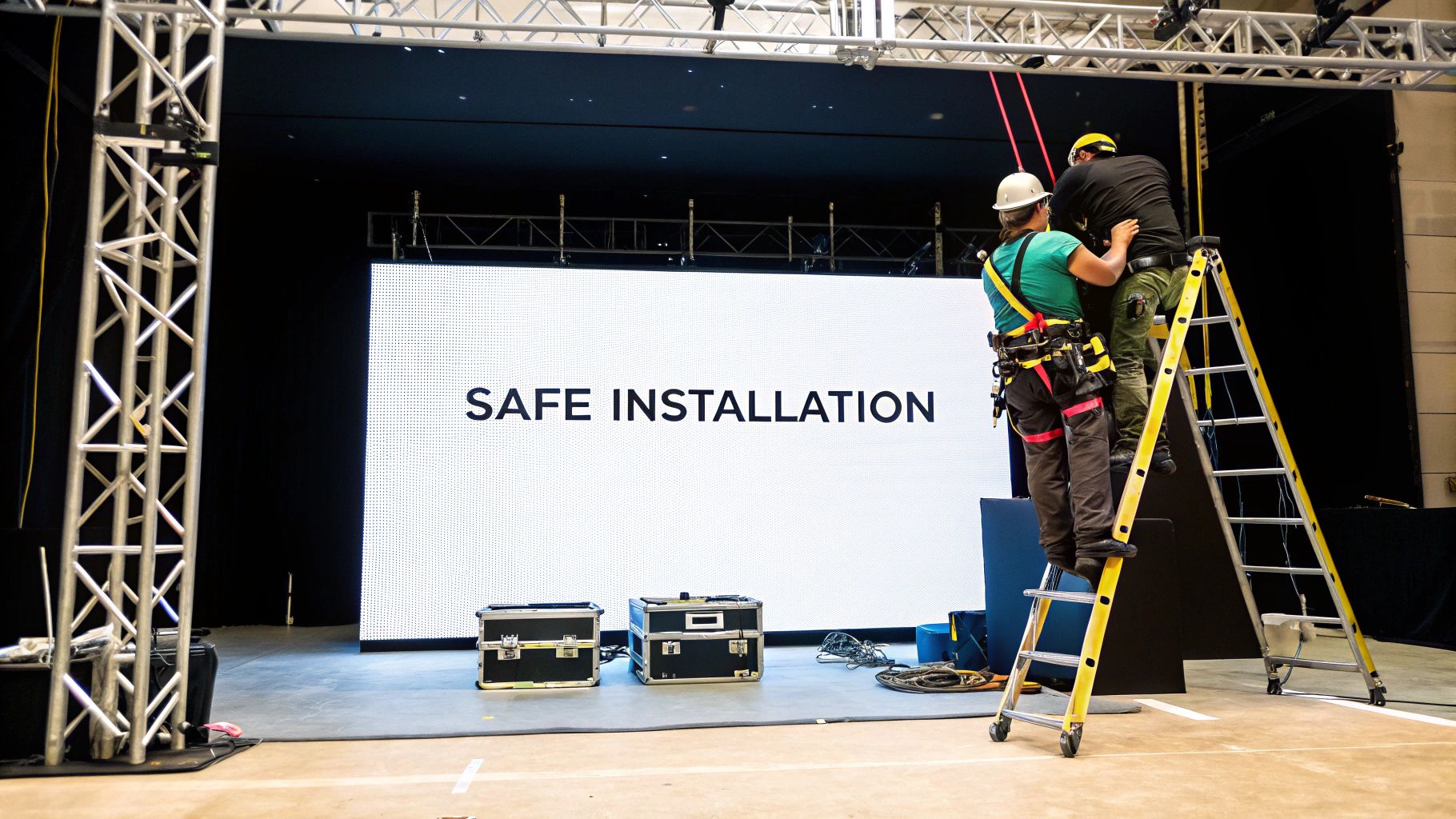 Two workers in safety gear install a large LED screen on a stage, displaying 'SAFE INSTALLATION'.