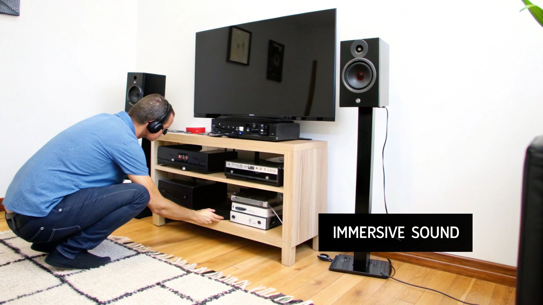 A man wearing headphones is setting up his home theater with a TV, speakers, and audio equipment.