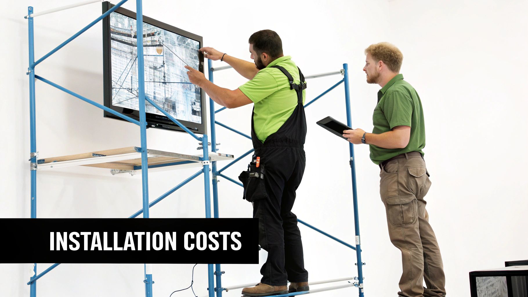 Understanding Video Walls Cost and Pricing 2 Technicians installing a large video wall in a commercial building