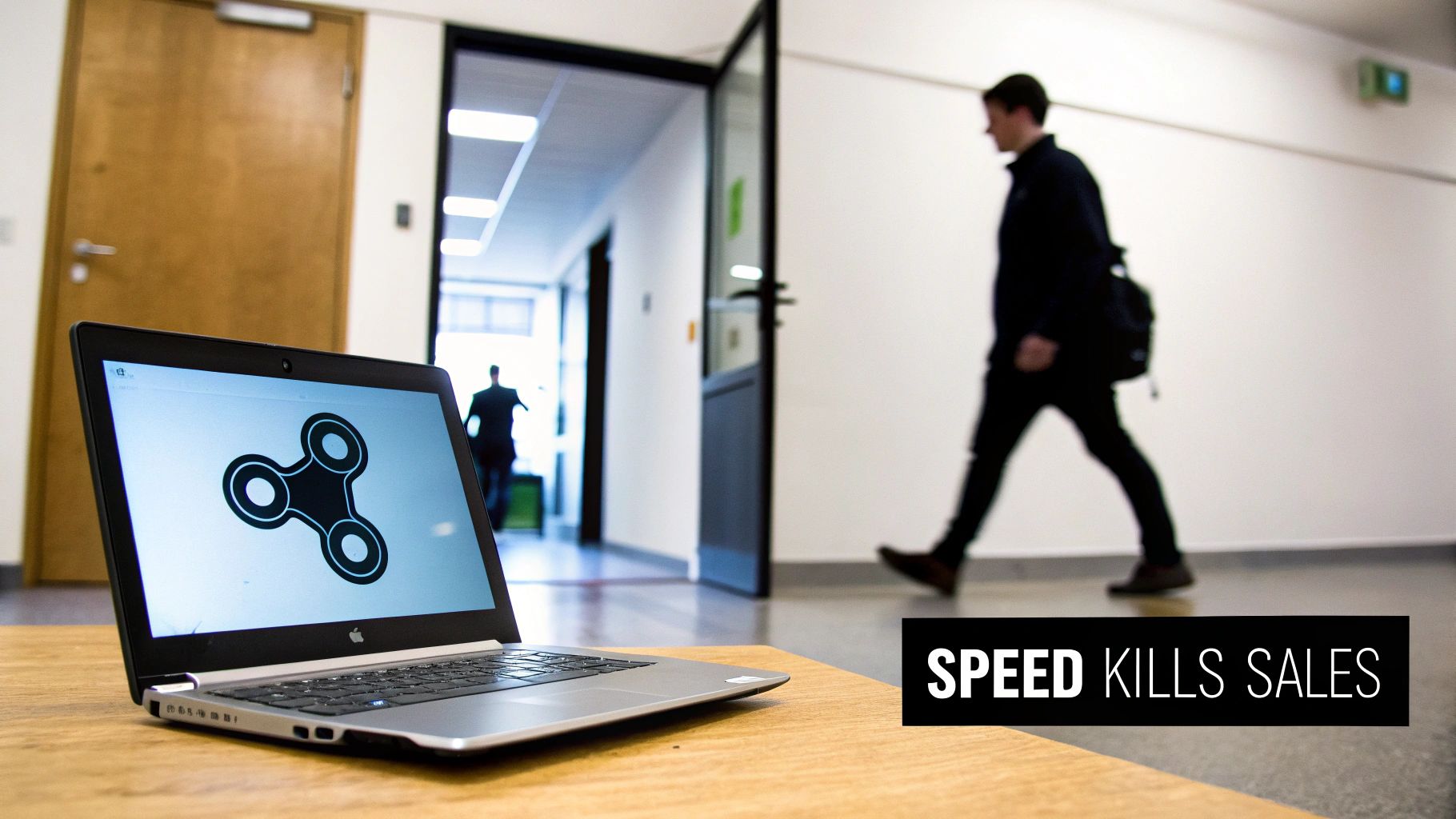 Laptop displaying a fidget spinner logo on a wooden table in a blurry office setting with 'SPEED KILLS SALES' text.
