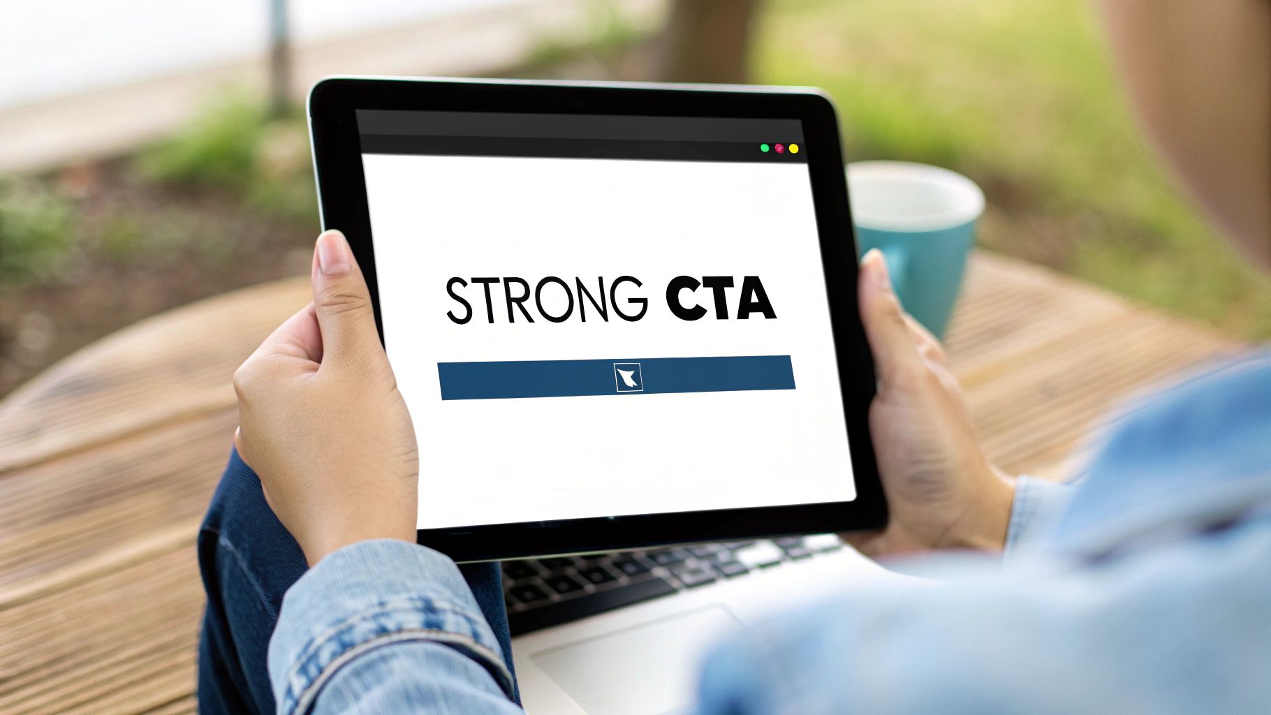Person holding a tablet displaying a website design with 'STRONG CTA' text and a blue button, emphasizing digital marketing best practices.