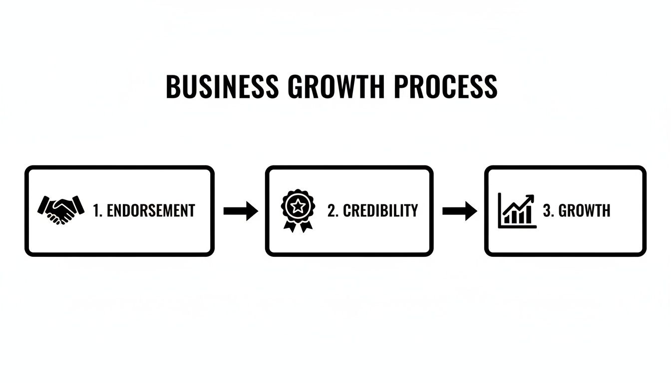 A diagram outlining the business growth process: 1. Endorsement (handshake), 2. Credibility (award), 3. Growth (chart).