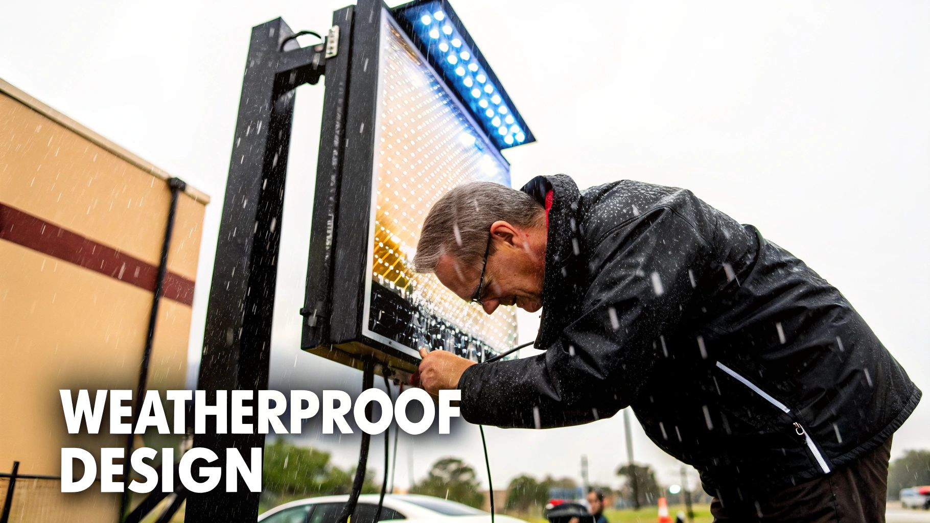 Your Essential Guide to Outdoor LED Sign Lighting 3 A man in a rain jacket works on an outdoor LED sign in the rain, showcasing its weatherproof design.
