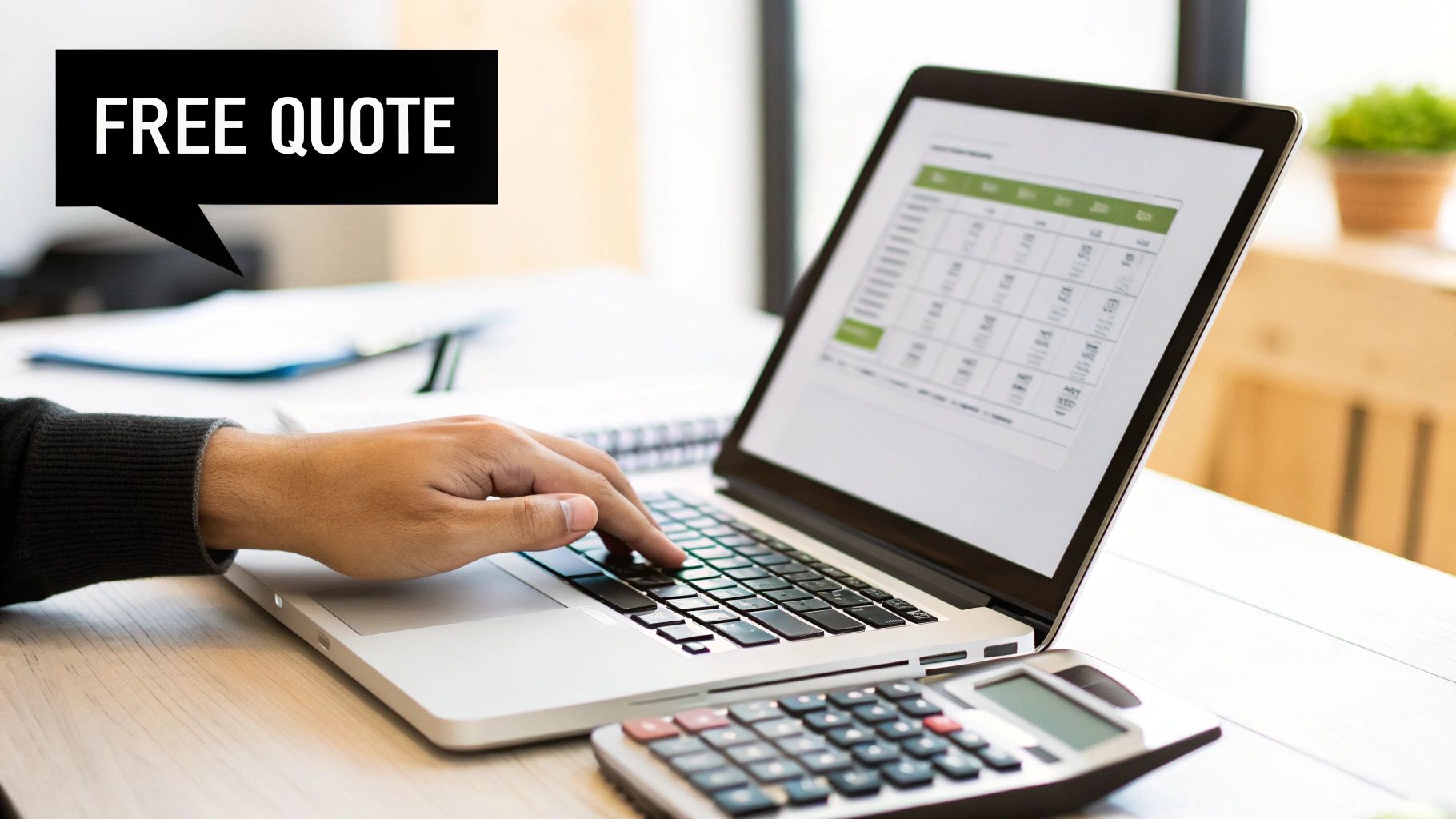 Person calculating finances on a laptop with a calculator and a 'FREE QUOTE' speech bubble.