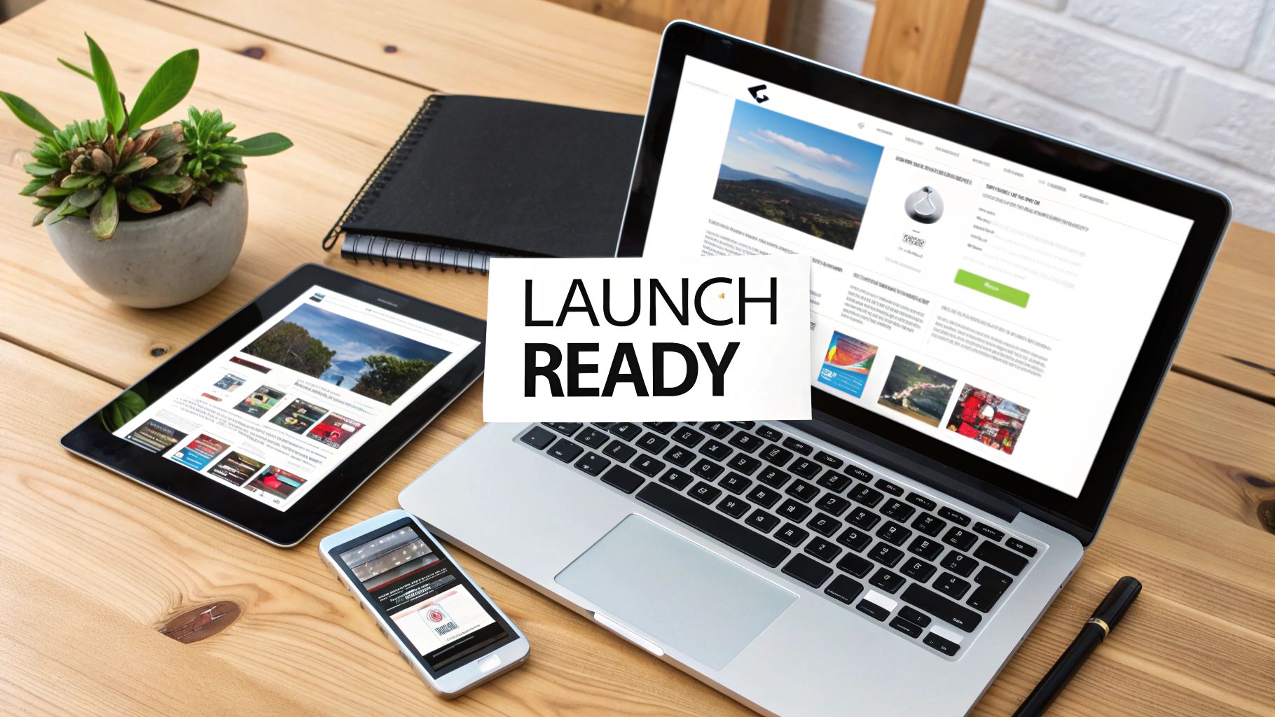 A desk with a laptop, tablet, and smartphone displaying website content, alongside a 'LAUNCH READY' sign, a plant, and a notebook.
