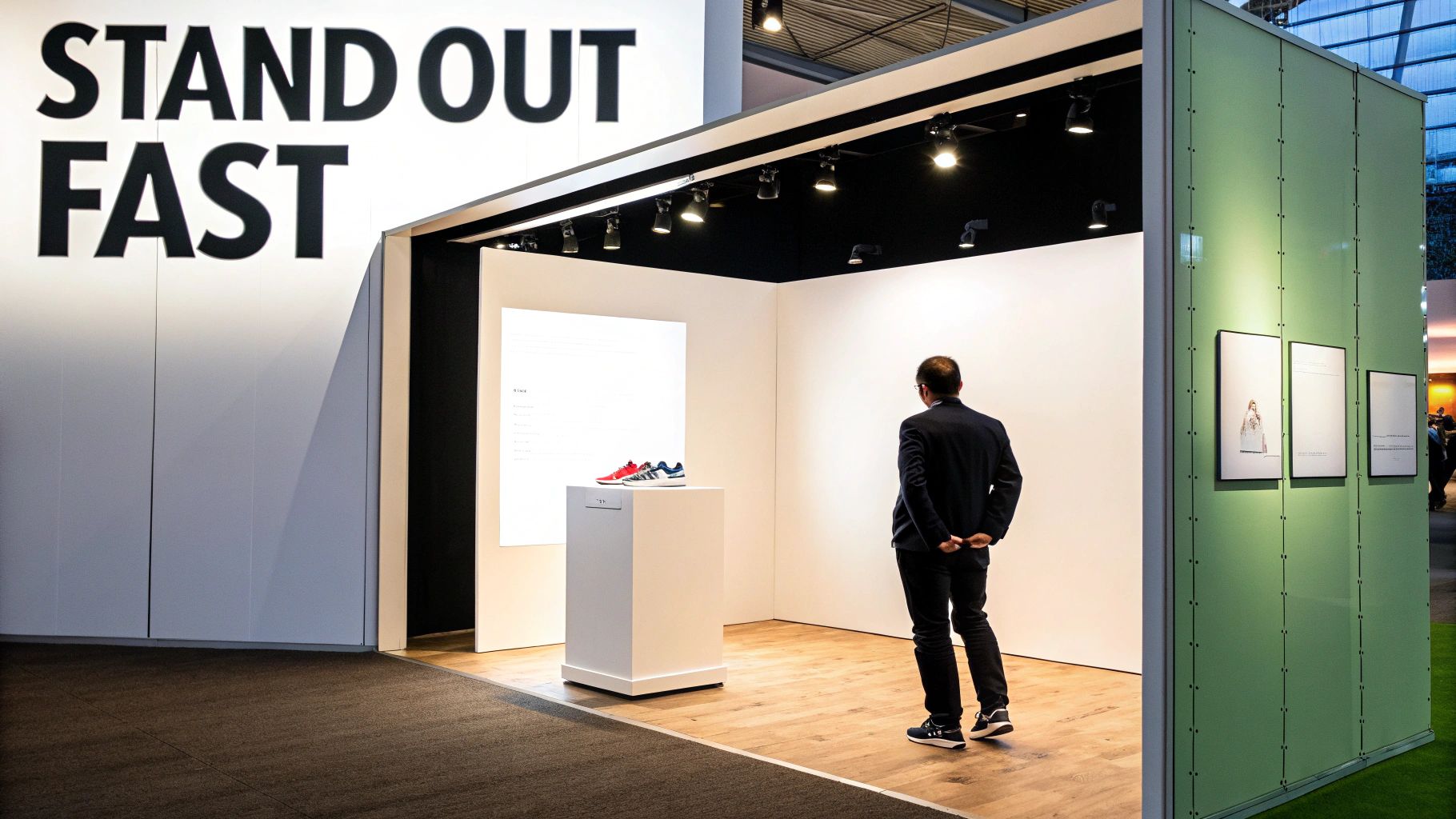 Trade Show Displays: Choose the Right Setup for Maximum ROI 3 A modern, well-lit trade show booth with clean graphics and a welcoming layout, demonstrating effective design principles.