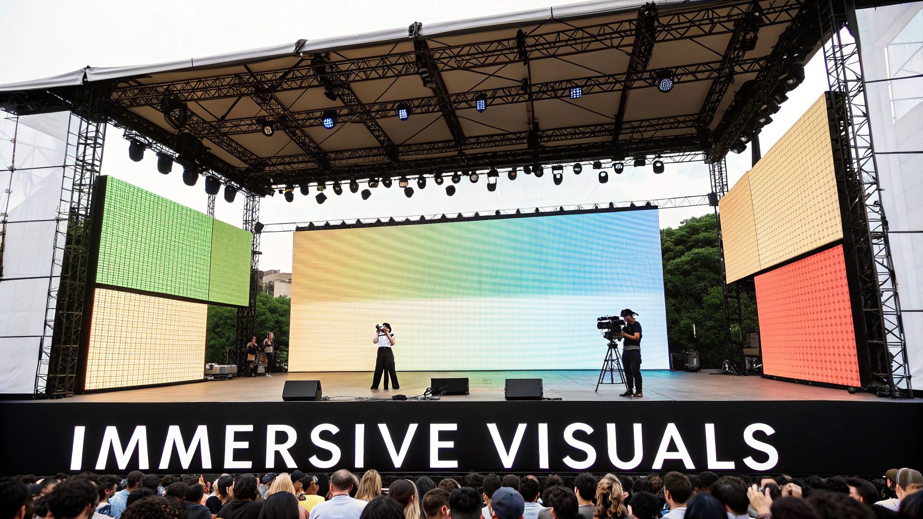 A massive LED stage screen displaying vibrant, abstract graphics at a live music concert.