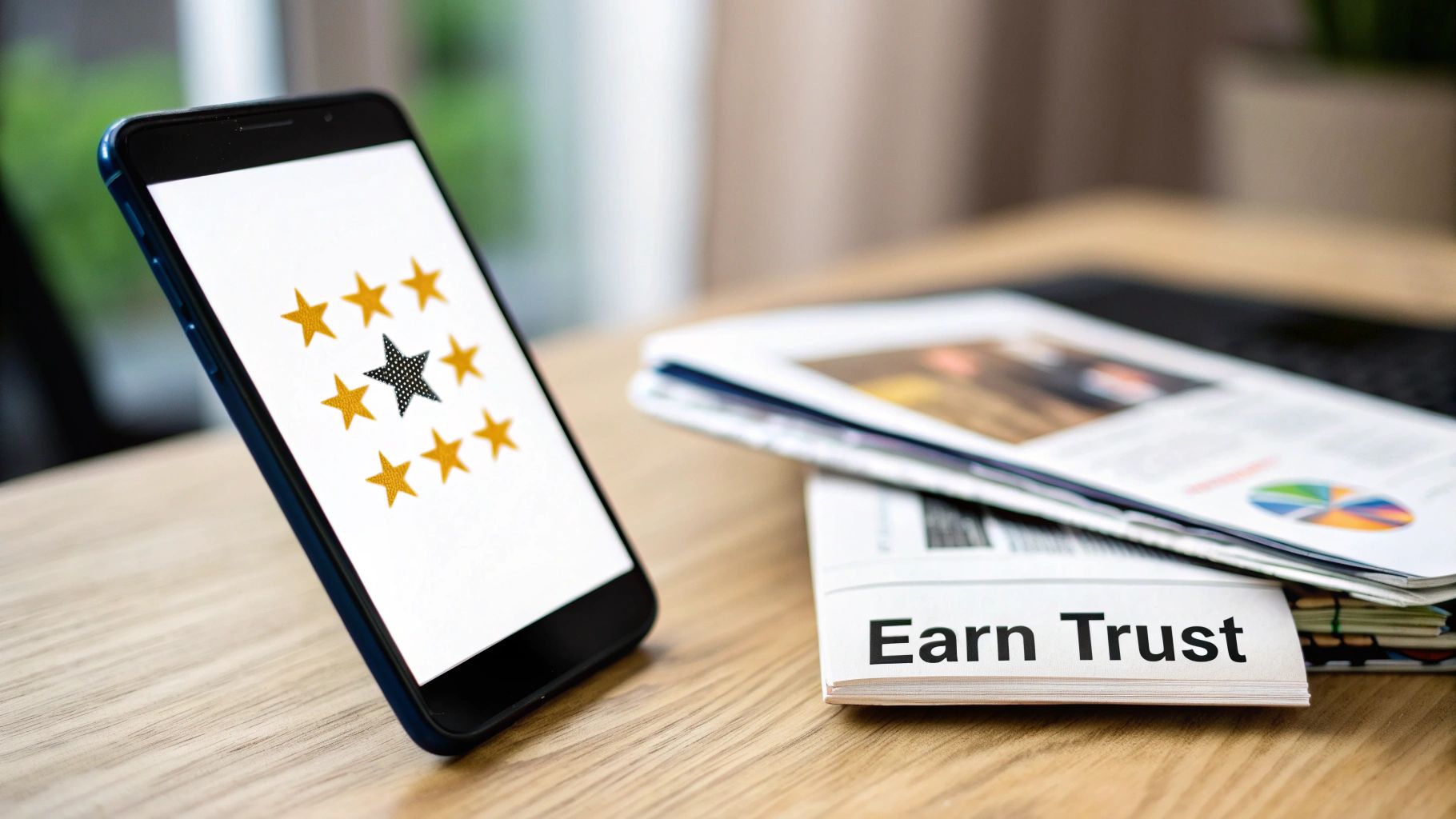 A smartphone displays gold and black stars next to a newspaper titled 'Earn Trust' on a wooden desk.