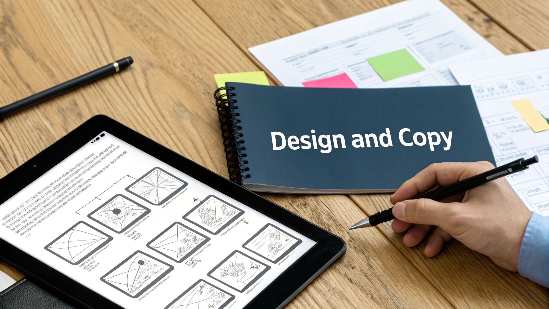 A creative workspace with a tablet, notebook showing 'Design and Copy', documents, and a hand writing.