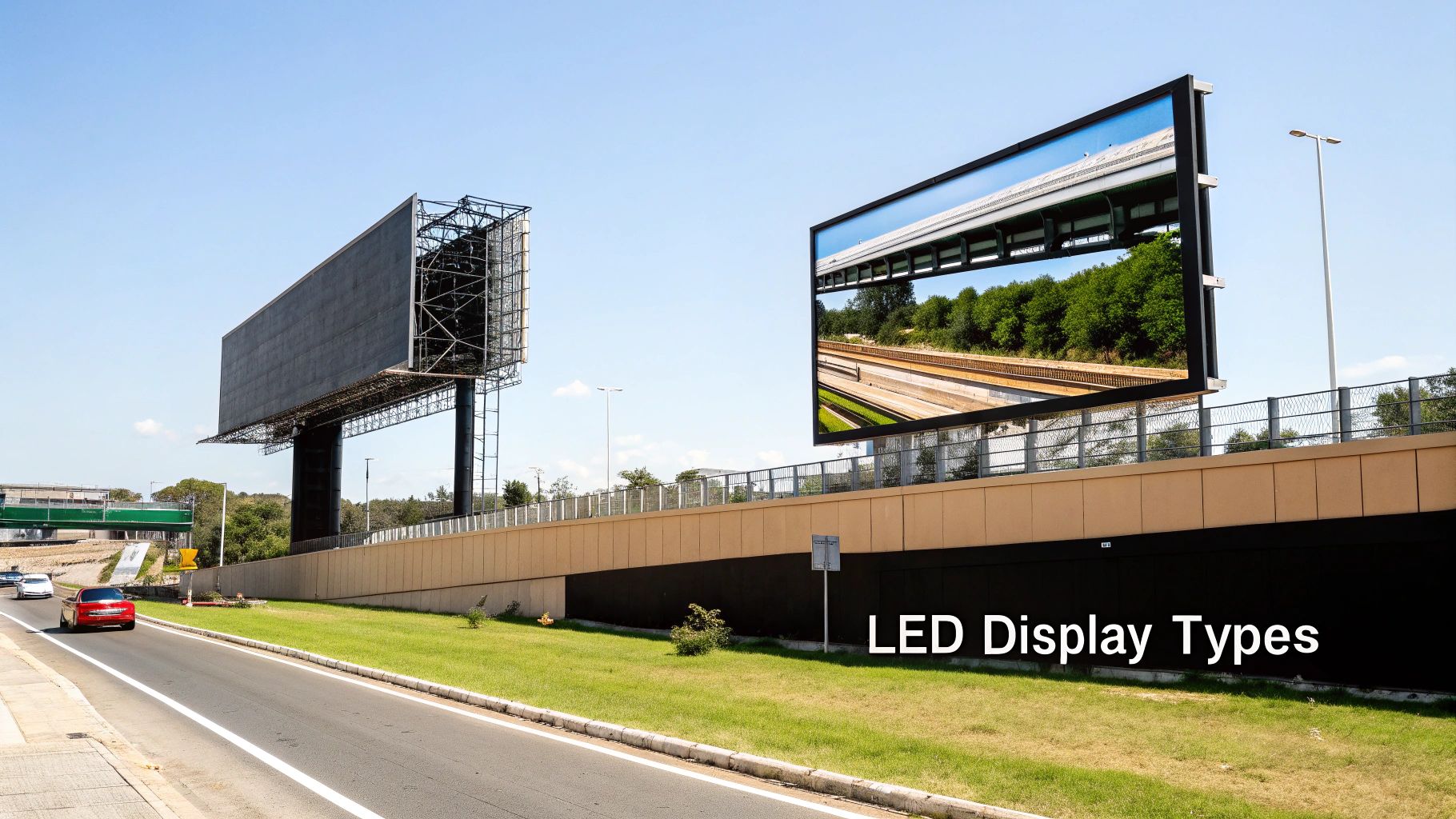 A Complete Guide to Digital LED Signage 2 Two large billboards stand beside a highway; one displays a vivid LED image, the other is dark.