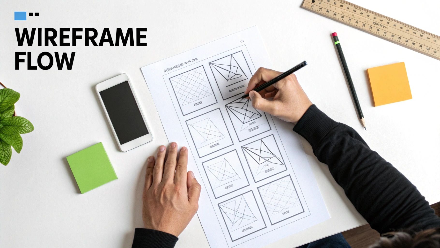 Overhead view of hands drawing wireframe designs on paper with a smartphone and office supplies.