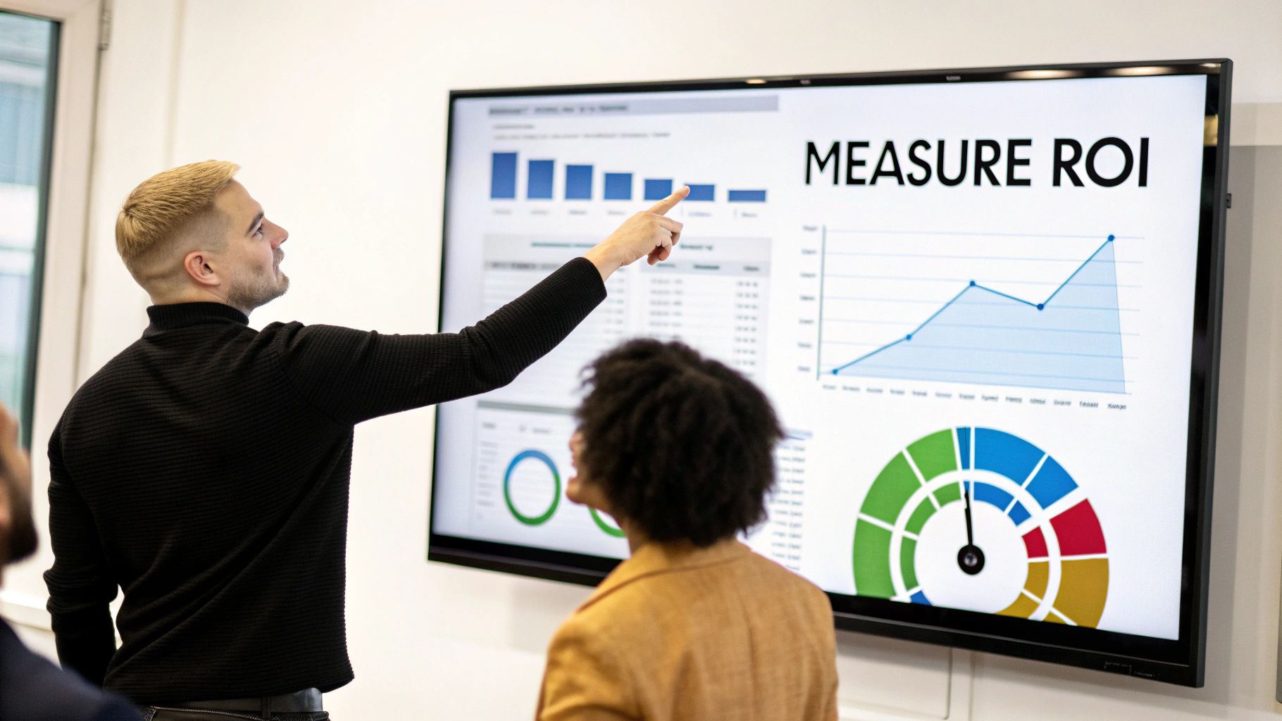 A man points at a large screen displaying data charts and 'MEASURE ROI' in a presentation.