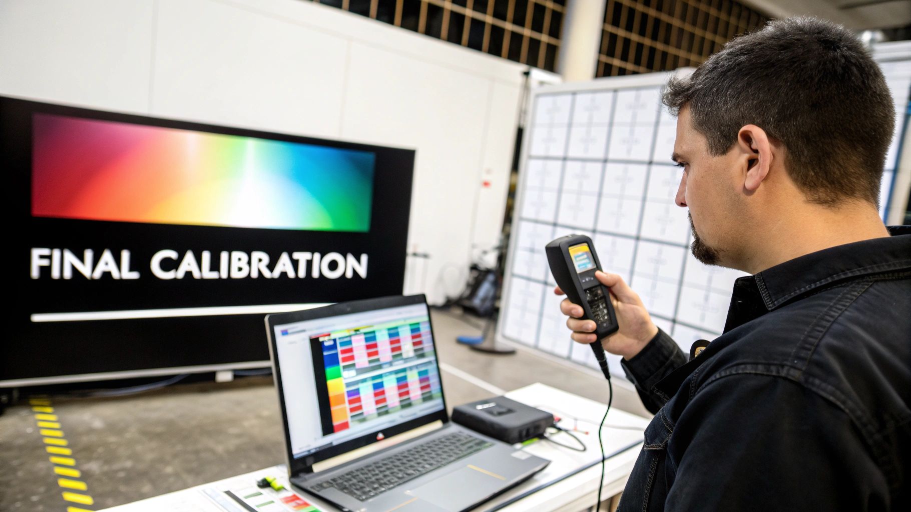 A man calibrates a large display screen displaying 'FINAL CALIBRATION' using a handheld device and laptop.