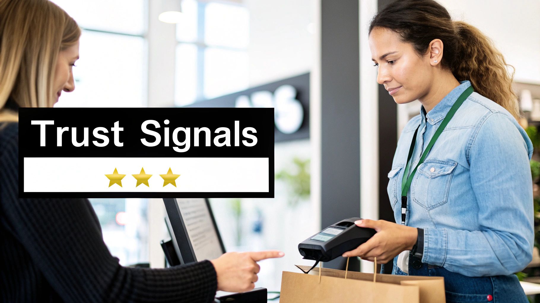 A customer points at a screen while a cashier holds a card reader, with a 'Trust Signals' overlay.