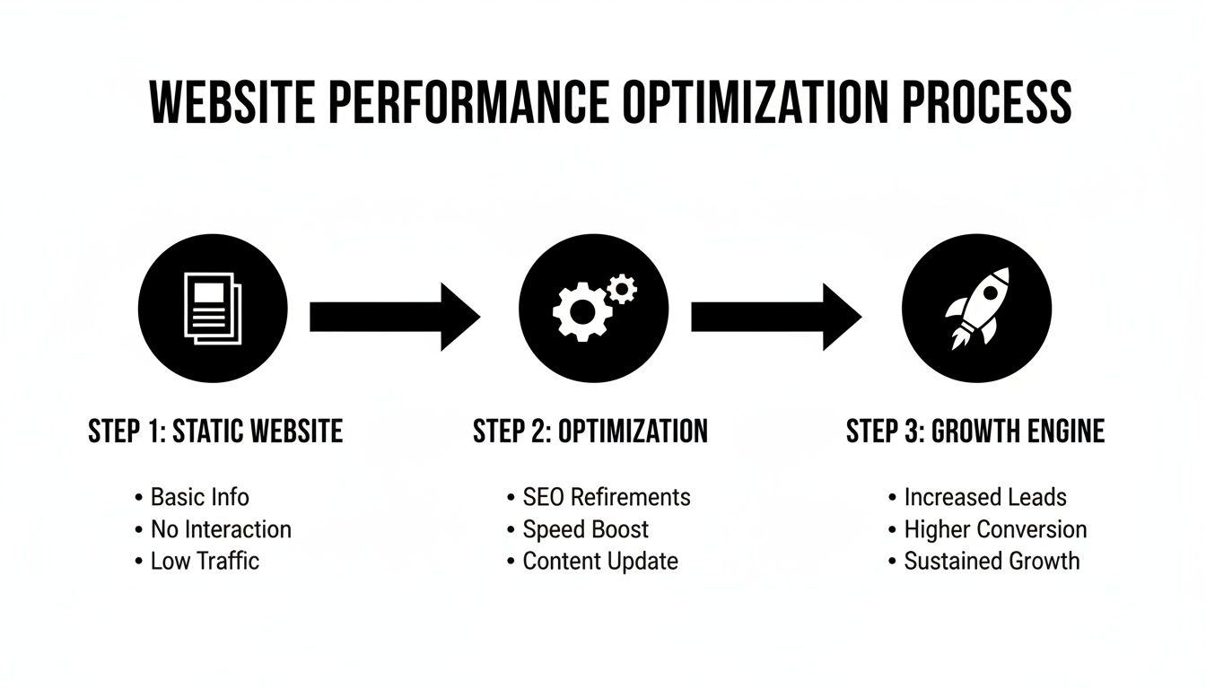 A flowchart detailing the website performance optimization process from static site to growth engine.