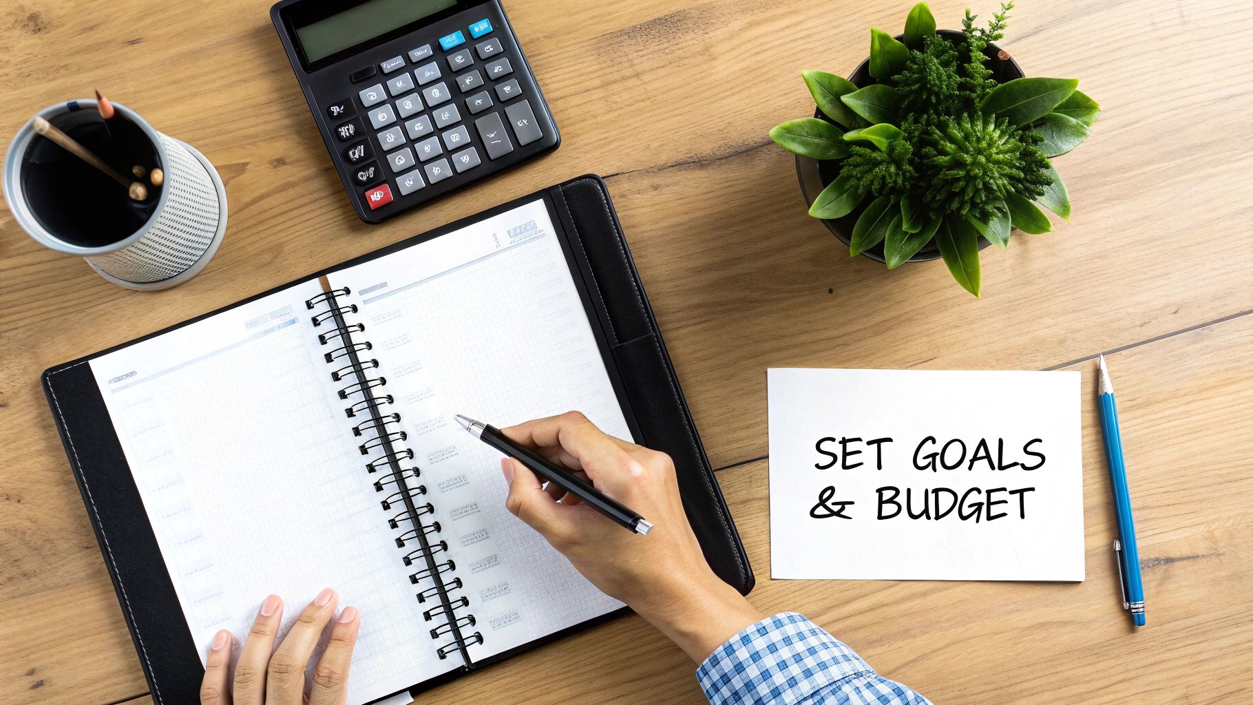 How to Buy Billboards a Practical Guide to Outdoor Advertising 2 Overhead view of a person writing in a planner with a calculator, plant, and a 'SET GOALS & BUDGET' note.