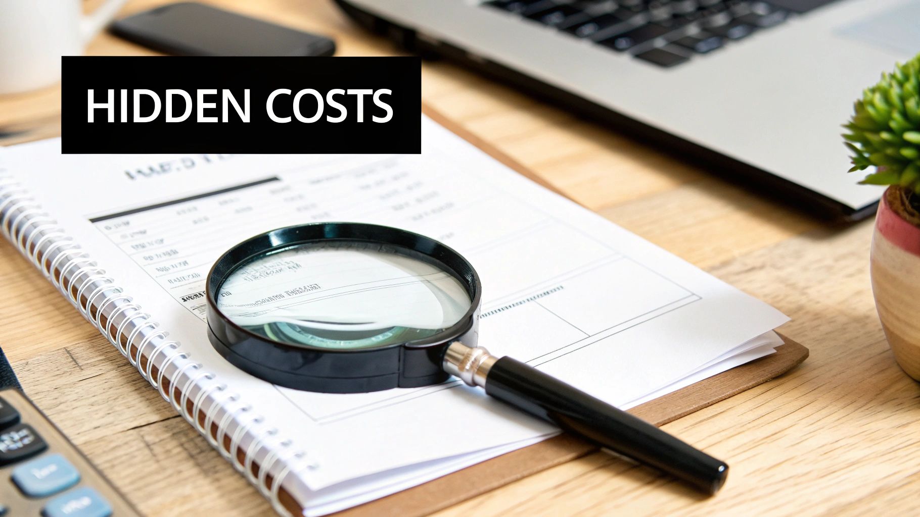 A magnifying glass hovering over the fine print of a contract, symbolizing hidden costs.