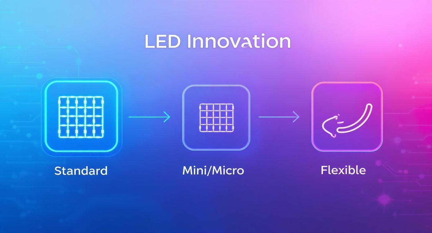 Infographic showing the process flow and evolution of LED technology from standard grids to Mini/Micro and flexible displays.